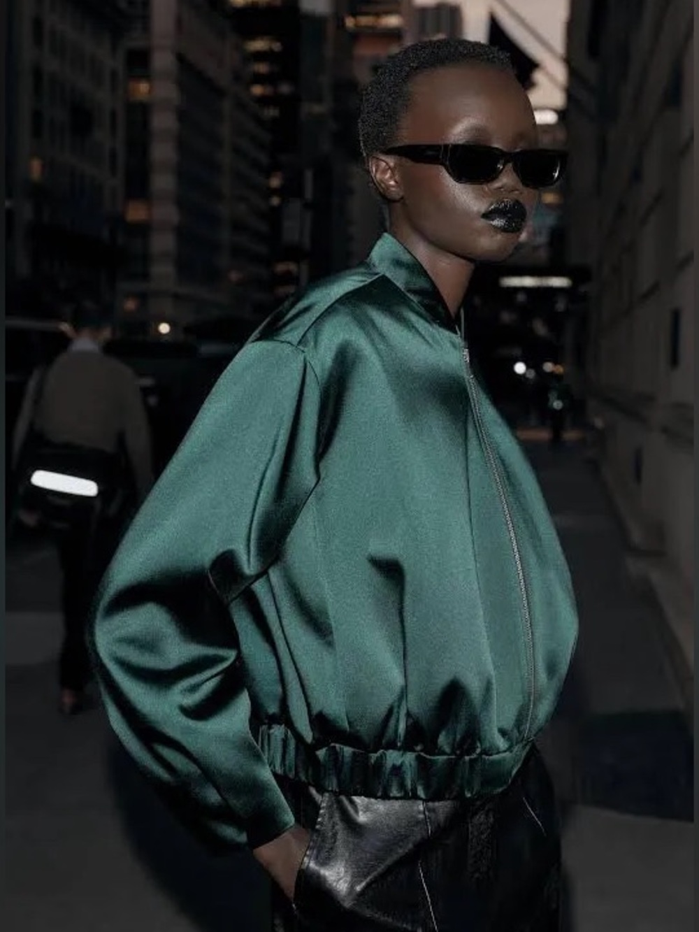 Zara Dark Forest Green Satin Bomber Jacket Cropped Utility Streetwear Coat XS